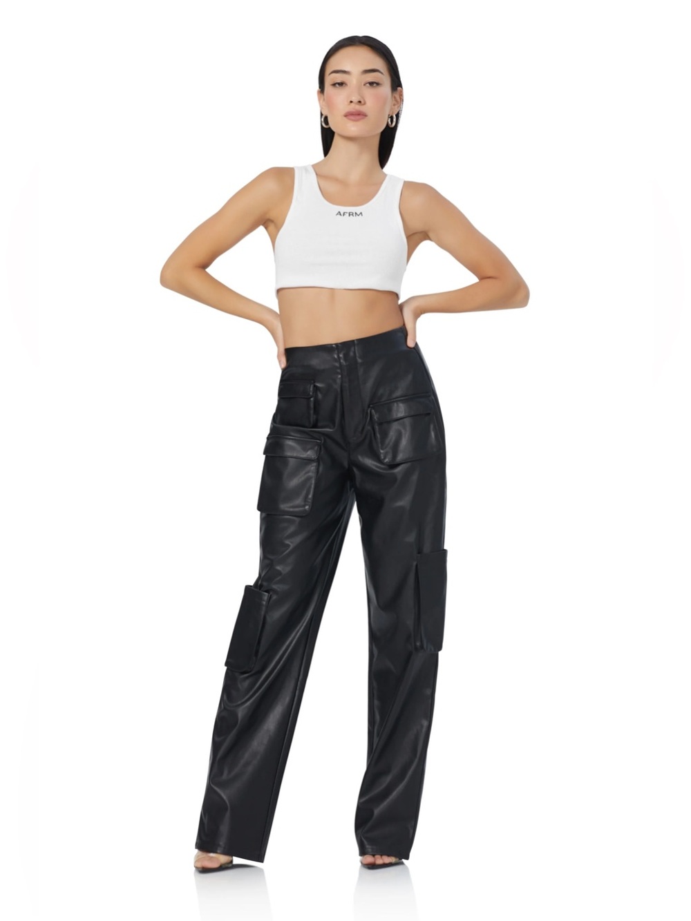 AFRM High-Rise Sigmund Faux Leather Cargo Pants in Black Size 31